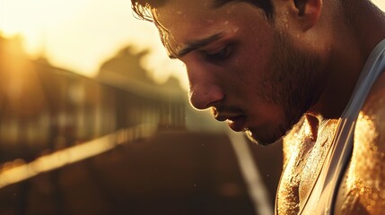 Sticker - Athlete cooling down, close-up on sweat and tired expression, soft focus, late afternoon light. 