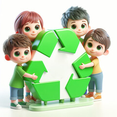 3D funny children cartoon with recycling symbol in sign of protection of planet earth