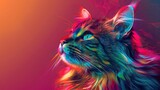 Fototapeta  - Stylish Norwegian Forest Cat artwork, vibrant pop art, colorful geometric patterns copy space, futuristic, multilayer, modern interior backdrop