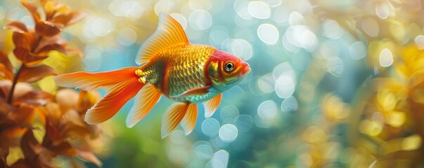 Sticker - A vibrant goldfish swimming among aquatic plants in a beautiful, colorful underwater scene, showcasing its bright orange and gold hues.
