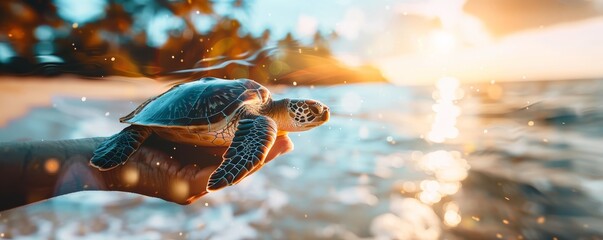 Wall Mural - A vibrant sunset illuminates the beach as a hand holds a small sea turtle ready for release into the ocean, symbolizing freedom and conservation.