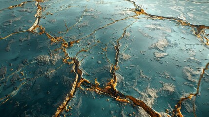Wall Mural - A cracked blue surface with a gold tint