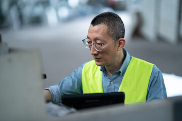 Wall Mural - person working with tablet in factory