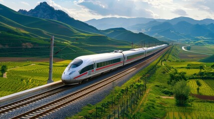 Aufkleber - Sleek high-speed train zooming through a picturesque countryside, with mountains and fields in the background, showcasing the blend of modern technology and nature