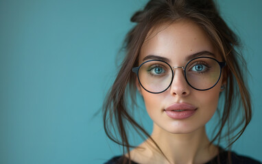 Wall Mural - Young beautiful woman isolated portrait, Student girl wearing glasses