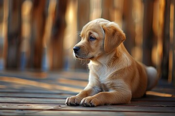 Wall Mural - Cute tan puppy lounges on a deck, enjoying a peaceful day in a warm, golden light