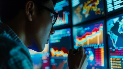 Poster - A man in glasses observing multiple computer screens displayed on a wall.