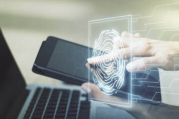 Aufkleber - Multi exposure of abstract fingerprint scan interface and hand working with a digital tablet on background, digital access concept