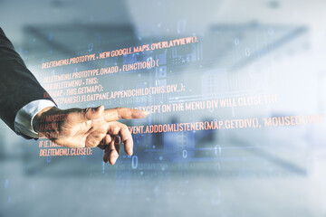 Aufkleber - Double exposure of programmer's hand working with abstract creative programming illustration on blurred office background, big data and blockchain concept