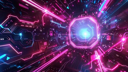 Poster - Geometric shapes and lines in a tech-inspired digital background with a modern aesthetic