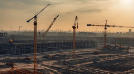 Silhouette of Engineer and worker on building site, construction site at sunset in evening time. Urban Construction Landscape, Ideal for architectural firms, construction companies, and real estate ag