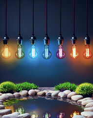 Wall Mural - multicolored light bulbs on a garden with a pond,energy and ideas,copy space for text