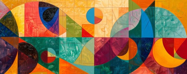 Wall Mural - Panoramic image of a vibrant, abstract geometric mural with diverse shapes