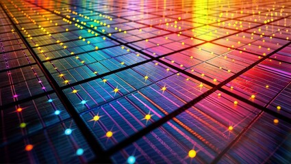 Close-up of a multicolored photovoltaic array with illuminated LEDs reflecting a spectrum of colors.