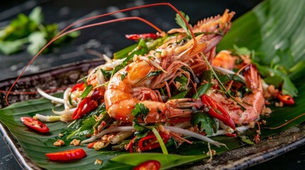 Wall Mural - Traditional Thai som tam salad served on a banana leaf, accompanied by grilled prawns and aromatic herbs, offering a delightful blend of textures and flavors