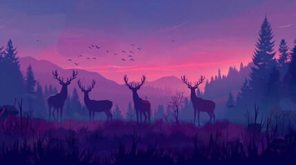 Image of a herd of deer at dusk flat design top view serene evening theme animation Triadic Color Scheme