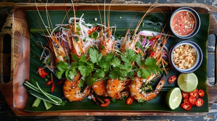 Wall Mural - Traditional Thai som tam salad served on a banana leaf, accompanied by grilled prawns and aromatic herbs, offering a delightful blend of textures and flavors