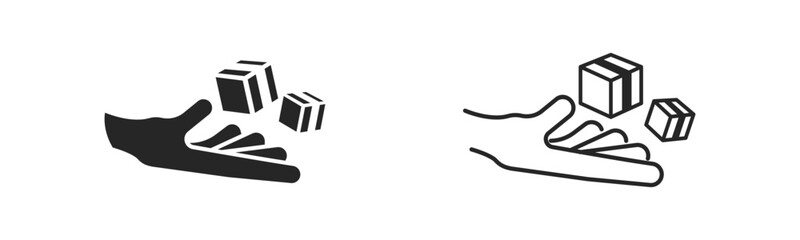 Delivery recieving icon set. Hand holding cargo boxes icons.