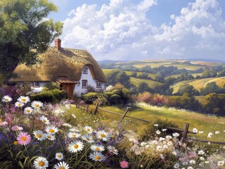 Wall Mural - A painting of a house with a white roof and a fence in front of it. The house is surrounded by a field of flowers, including daisies. The sky is cloudy, but the sun is still shining through the clouds