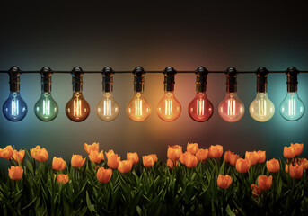 Wall Mural - row of multicolored lights on a flowered garden,energy and ideas,copy space for text