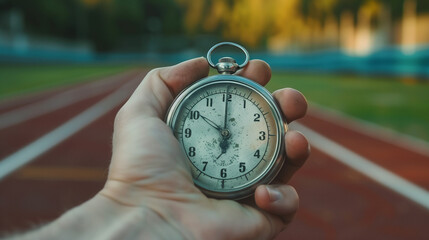 a hand holding an old stop watch on a racing track