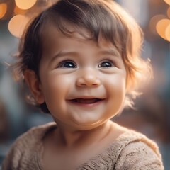 Wall Mural - AI generated illustration of a close-up of a happy child with bokeh lights in the background