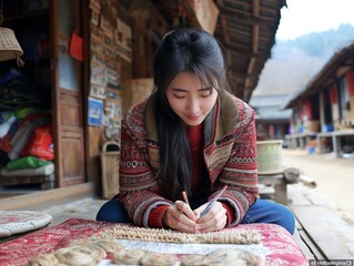 Canvas Print - A woman is sitting on a rug and writing with a pencil. She is wearing a red jacket and has long hair. The scene appears to be a peaceful and quiet moment, as the woman is focused on her writing