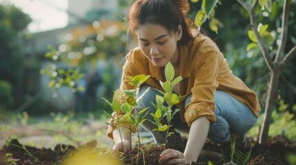 Poster - Young woman planting a tree sapling in her backyard garden, taking a proactive step towards reducing carbon emissions and greening urban spaces
