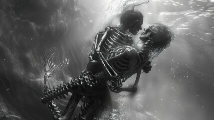 landscape, subaquatic, mermaid embrace skeleton, melancholia, detailed scales, wind, long exposure, fuzzy movement, black and white photo realistic, dark romantics