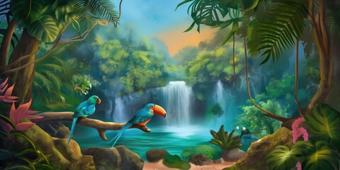 adorable tropical bird on branch on tropical backdrop 