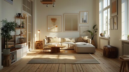 Scandinavian living room with wooden floors, minimalist furniture, natural light, and cozy textiles