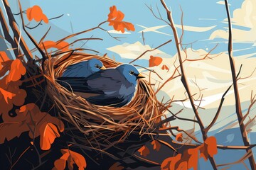 Birds building a nest, flat design, front view, autumn theme, animation, Splitcomplementary color scheme