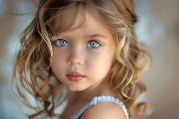 Sticker - Closeup of a beautiful young girl with captivating blue eyes and curly hair