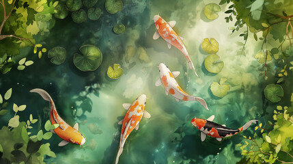 Wall Mural - koi fish and flowers