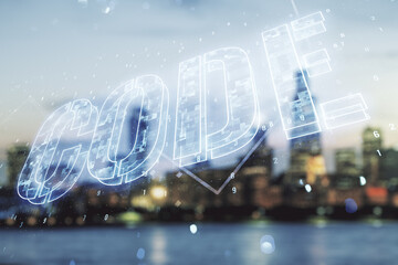 Aufkleber - Code word hologram on blurry skyscrapers background, international software development concept. Multiexposure
