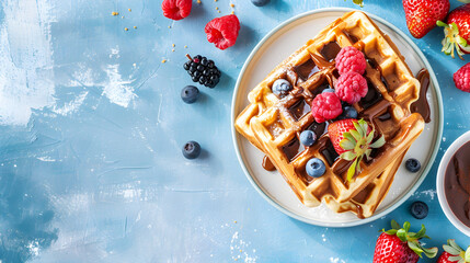 delicious Belgian waffles with chocolate-nut butter and berries