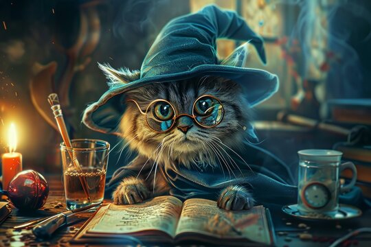 Magical cat in wizard attire reads a spellbook amidst mystical artifacts and candles