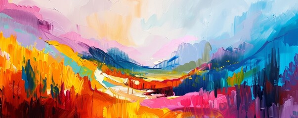colorful abstract art depicting a lively landscape on canvas with expressive brushstrokes