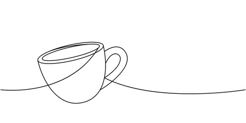Wall Mural - Cup of coffee one line continuous drawing. Hand drawn elements for cafe menu, coffee shop. Vector linear illustration.