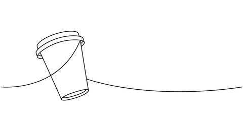 Wall Mural - Coffee takeaway cup one line continuous drawing. Hand drawn elements for cafe menu, coffee shop. Vector linear illustration.