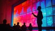 © Thanyaporn - A silhouette of an employee giving a presentation in a state-of-the-art meeting room. The figure stands confidently in front of a large screen, pointing to charts and graphs. The audience, also