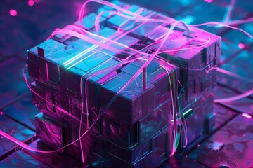 Poster - Abstract image of glowing neon wires entwined around reflective cubes with a vibrant background