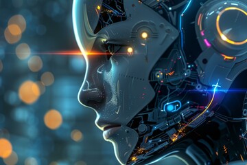 Poster - Detailed view of a futuristic android's face with neon circuitry and lighting effects