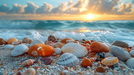 Wall Mural - Serene beach sunset with seashells