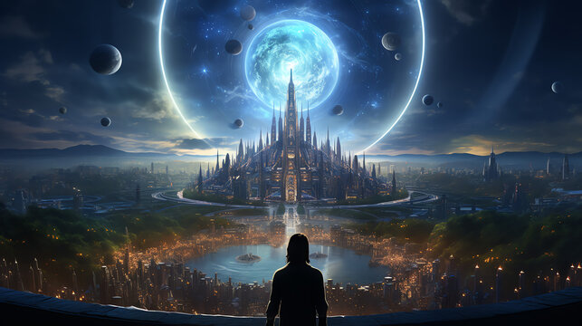 A futuristic city with a large moon in the background. Two people are standing in the foreground, looking out over the city.