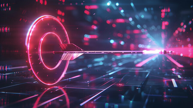 This concept shows a glowing target with an arrow shooting towards the center, neon. Artificial Intelligence.