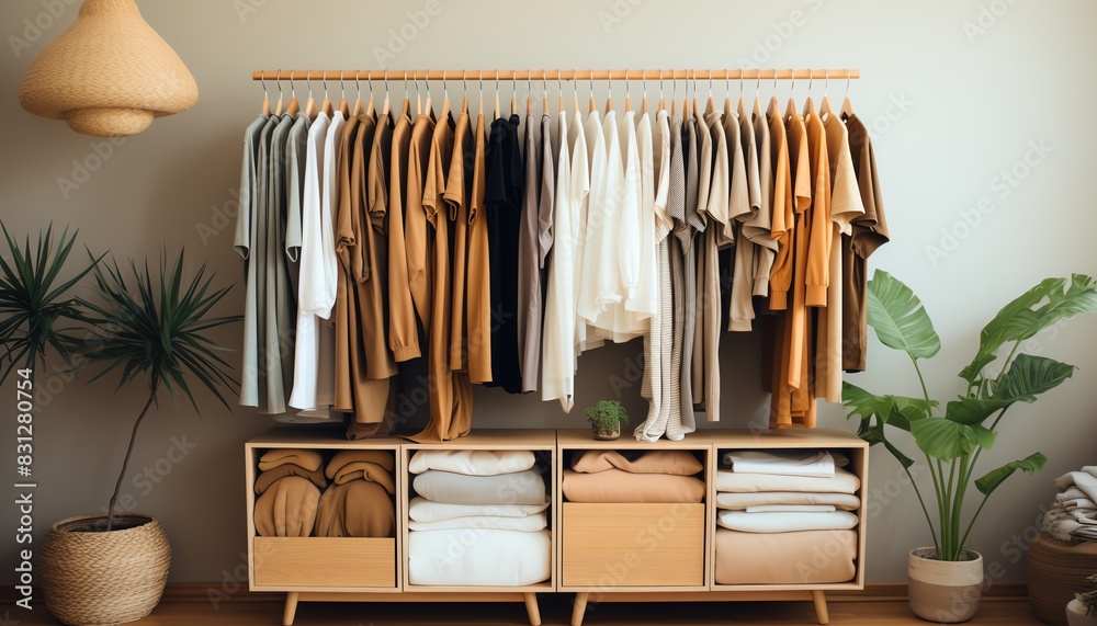 Minimalist wardrobe with neutral and earth-toned clothing hanging on a ...