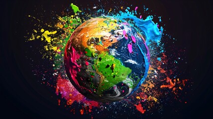 Wall Mural - 3d colorful earth with paint splash on black background, 2/40th of the earth is colored in vibrant c