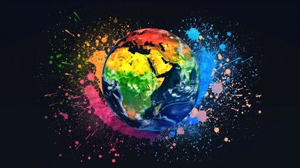 a colorful earth with splashes of paint, representing global environmental symbols and colors on bla