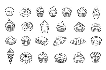 Wall Mural - Sweet Bakery Menu Dessert Cakes Doodle Icons Set